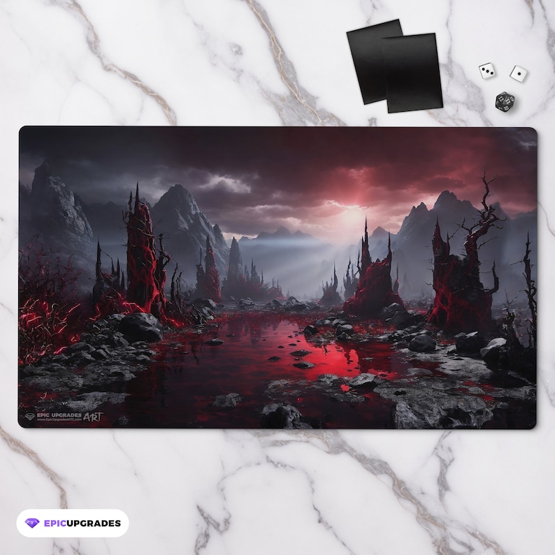 a breathtaking depiction of rakdos bloodstained mire red and black swamp mountains. dual land mana mtg player playmat. 24 by 14 inches cloth top rubber bottom.