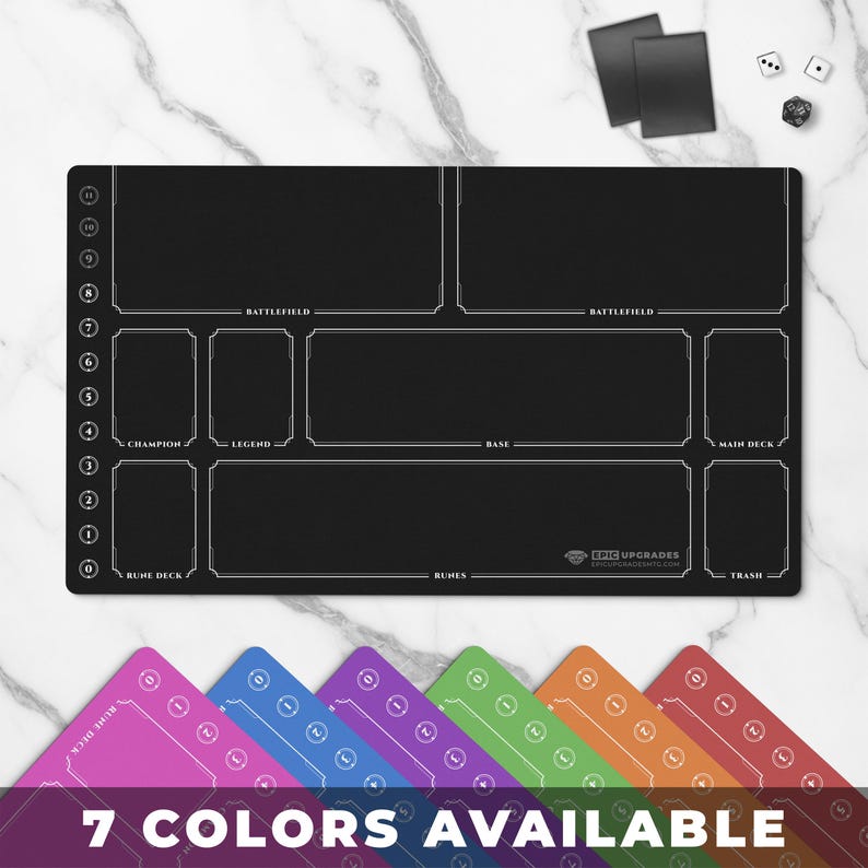 Minimal Riftbound playmat for TCG players, 24x14 inch card game mat with zone layout and 7 color options for organized tabletop play.