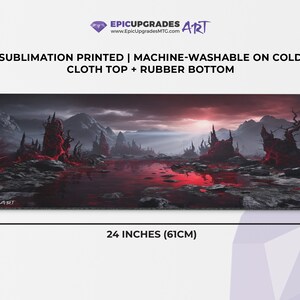 a breathtaking depiction of rakdos bloodstained mire red and black swamp mountains. dual land mana mtg player playmat. 24 by 14 inches cloth top rubber bottom.