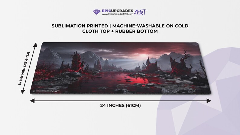 a breathtaking depiction of rakdos bloodstained mire red and black swamp mountains. dual land mana mtg player playmat. 24 by 14 inches cloth top rubber bottom.