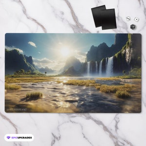 May include: A scenic landscape with a waterfall cascading down a mountainside. The water flows into a calm lake in the foreground. The sun shines brightly in the sky, casting a warm glow over the scene. The mountains are covered in lush green vegetation.