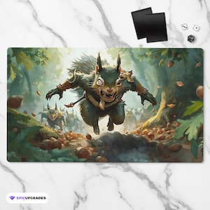 May include: A play mat featuring a fantasy illustration of a fierce, armored squirrel charging forward in a forest setting. The artwork has a detailed, painterly style with a palette of greens, browns, and autumn colors. The mat includes the text "EPICUPGRADES".