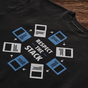 May include: Black sweatshirt with a white graphic design that says "Respect the Stack" with a series of blue and white squares around the text.