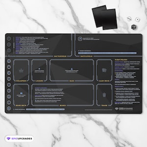 May include: A black and gray gaming mat with a detailed layout for card games. The mat features labeled zones for cards, dice, and other game components. The text "EPICUPGRADES" is visible at the bottom.