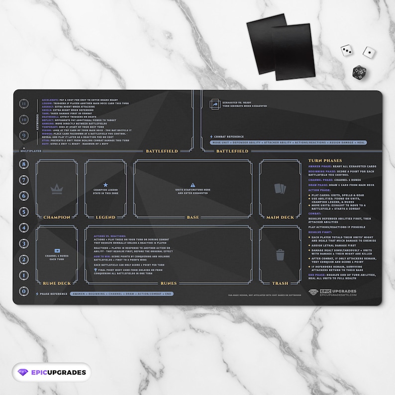 Riftbound playmat for new players — features clearly labeled zones, phase references, keyword guide, and point tracker. Durable 3mm non-slip rubber base with smooth polyester surface and fade-resistant high-resolution print. Perfect for organized gameplay, learning, and competitive matches. Handcrafted and printed in the USA.