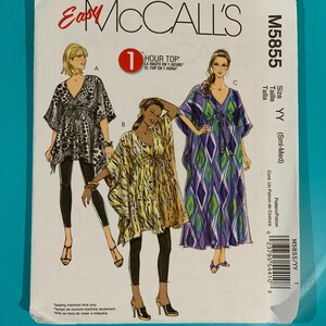 May include: An Easy McCall's M5855 sewing pattern envelope for a top and dress. The front features illustrations of three garments: a black and white animal print top, a yellow and black abstract print top, and a purple and green diamond print dress.