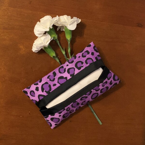 Fabric Travel Tissue Case - Chic Purple Leopard Print with Black Lining - Fabric Pocket Tissue Holder