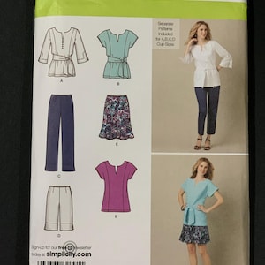 May include: Simplicity sewing pattern 2191, featuring illustrations of tops, pants, and a skirt. The pattern includes sizes U5 (16, 18, 20, 22, 24) and EUR 42-50, FR 44-52. The pattern includes separate patterns for A, B, C, and D cup sizes.