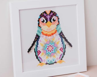 Mandala Penguin Diamond Painting Kit | Round Drill Diamond Art | 5D Diamonds | Arctic Animal Themed Craft Kit for Beginners