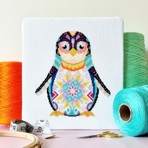 Mandala Penguin Cross Stitch Pattern Geometric Sewing Project Animal Embroidery for Beginner & Intermediate DIY Winter Needlecraft PDF image 1