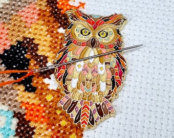 Mandala Owl Magnetic Needle Minder | Animal Needle Keeper | Needlepoint Notion | Cross Stitch Gift | Sewing Embroidery Accessory