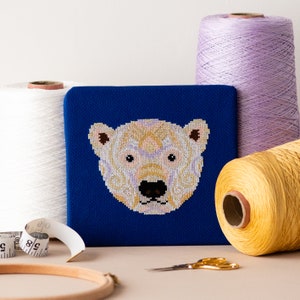 Mandala Polar Bear Cross Stitch Kit | Christmas Animals Craft Kit | Geometric Needlework Kit | Beginners Cross Stitch | Easy Embroidery Kit