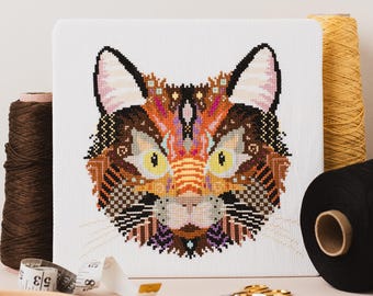 Mandala Black Cat Cross Stitch Kit | Geometric Sewing Project | Animal Embroidery for Beginners & Intermediate | Pet Animal Needlecraft