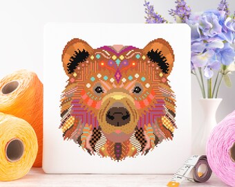Mandala Bear Cross Stitch Kit | Geometric Sewing Project | Animal Embroidery for Beginners & Intermediate | Woodland Needlecraft DIY Kit