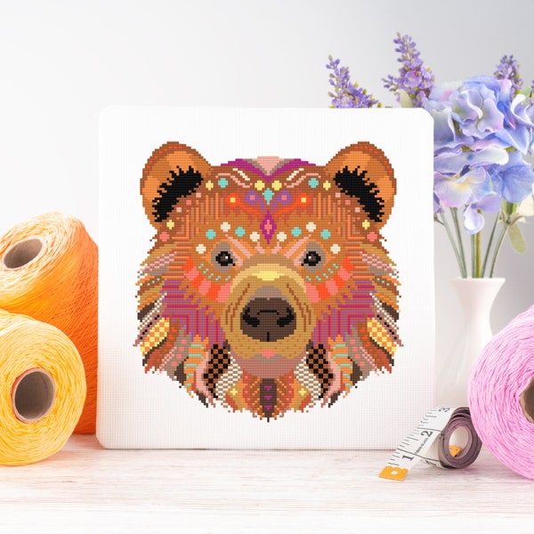 Mandala Bear Cross Stitch Kit | Geometric Sewing Project | Animal Embroidery for Beginners & Intermediate | Woodland Needlecraft DIY Kit