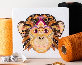 Monkey Cross Stitch Kit | Mandala Cross Stitch | Animal Cross Stitch | Geometric Cross Stitch | Beginners Cross Stitch | Fun Embroidery Kit