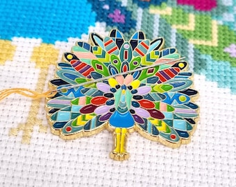Mandala Peacock Needle Minder | Magnetic Enamel Needle Keeper | Needlepoint Notion | Cross Stitch Gift | Sewing Embroidery Accessory