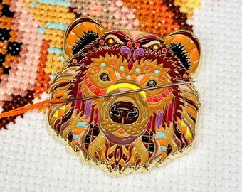 Mandala Bear Magnetic Needle Minder | Animal Needle Keeper | Needlepoint Notion | Cross Stitch Gift | Sewing Embroidery Accessory