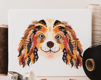 Mandala King Charles Spaniel Cross Stitch Kit | Colourful Dog Embroidery | Cute Geometric Animal Sewing Kit | DIY Crafts
