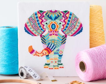 Mandala Elephant Counted Cross Stitch Kit | Animal Geometric Embroidery | Beginners DIY Sewing Craft Gift