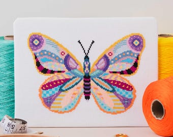 Mandala Butterfly Cross Stitch Kit | Colourful Geometric Embroidery | Animal Sewing Project for Beginners & Intermediate | DIY Craft Kit