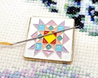 Quilt Block Needle Minder | Magnetic Enamel Needle Keeper | Needlepoint Notion | Cross Stitch Gift | Sewing Embroidery Accessory
