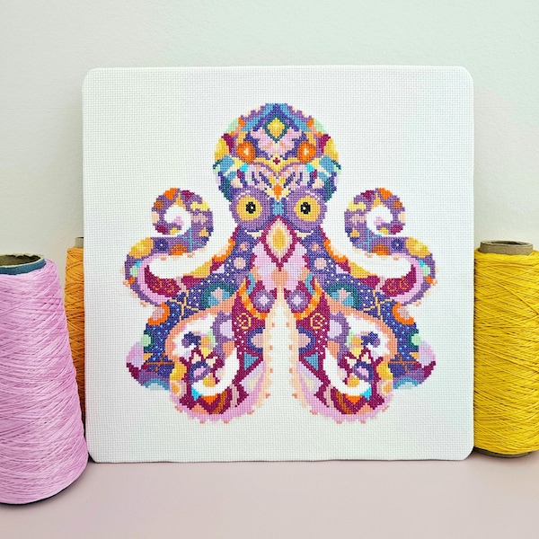 Mandala Bläckfisk Korsstygnsdiagram PDF | Mönster för Havsdjur | Färgglatt Marint Broderi