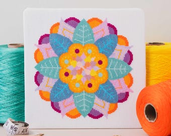 Mandala Flower Cross Stitch Pattern | Geometric Sewing Project | Embroidery | Beginners & Intermediate | DIY Floral Plant Needlecraft