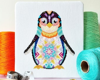 Mandala Penguin Cross Stitch Kit | Geometric Sewing Project | Animal Embroidery for Beginners & Intermediate | DIY Winter Needlecraft Kit