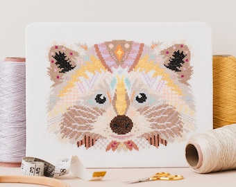 Mandala Raccoon Cross Stitch Kit | Geometric Sewing Project | Animal Embroidery for Beginners & Intermediate | Woodland Animal Needlecraft