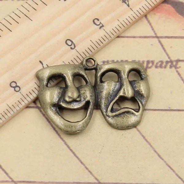 4 pieces Mardi Gras Masks Comedy/Tragedy Masks Antique Bronze Charms. 31mm x 23mm.