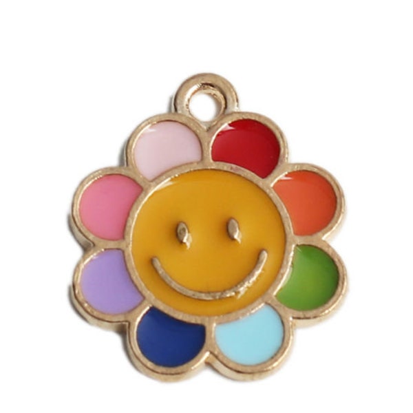 Smiley Face Flower Charm Multi Colored Zinc Based Alloy Gold Plated Smile Enamel 19mm x 16mm. 5 pieces were set