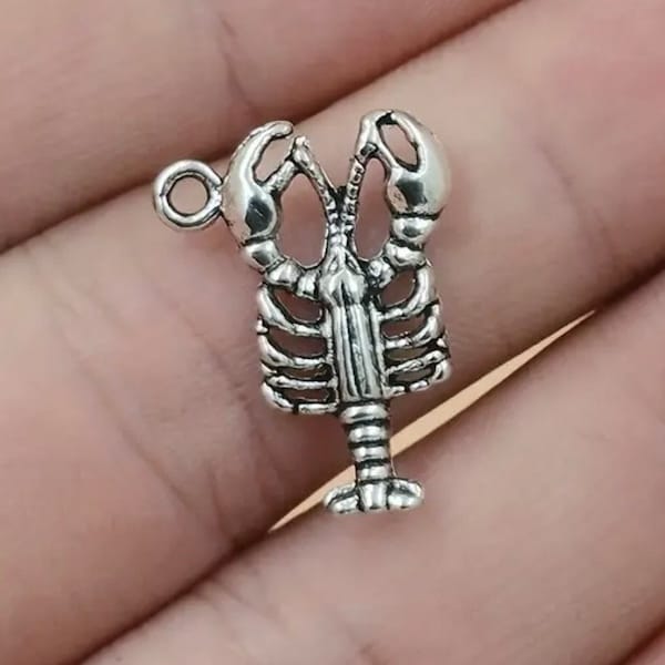 Crawfish Charms  Lobster for bracelets and necklaces. Louisiana Bayou Swamp 26x20mm Silver Colored 4 pieces