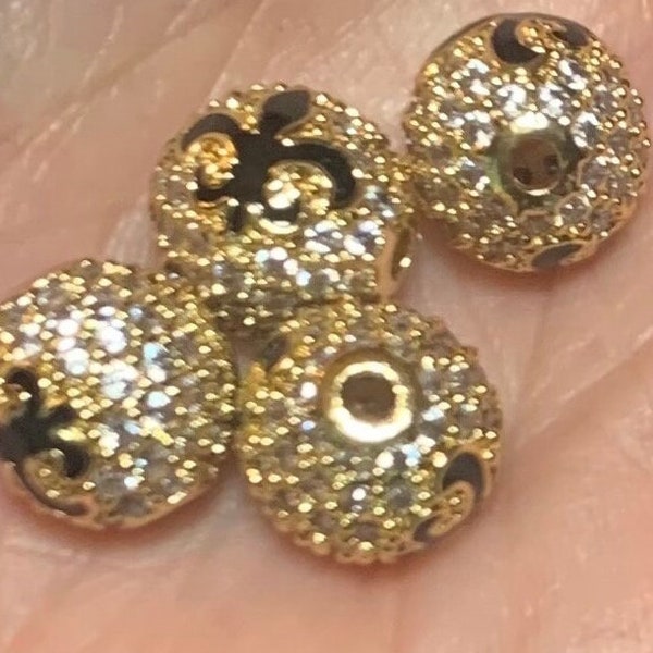 Black & Gold Cubic Zirconia Sparkly Fleur de Lis Beads Round Spacer Beads NOLA Louisiana.  Size is 10mm.