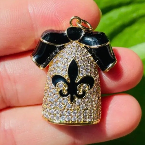 Black and Gold Football Jersey Pendant with Fleur de lis Cubic Zirconia Large  NOLA Louisiana Saints Size is 33mm x 27.2mm