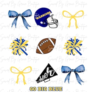 Football Coquette PNG, Blue and Yellow, Football,Warriors, Cheer, Pom Poms, Bows, Sublimation Designs, Instant Download