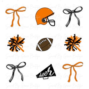 Football Coquette PNG, Orange and Black, Cheer, Football Mama, Sports, Pom Poms, Coquette Bows, Sublimation Designs, Instant Download