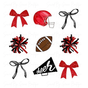 Football Coquette PNG, Red and black, Football, Cheer, Sports, Pom Poms, Bows, Sublimation Designs, Instant Download