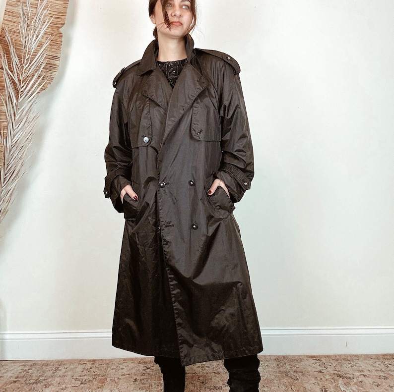 Vintage Black Trench Coat Misty Weather Nylon Black Long Coat 90s