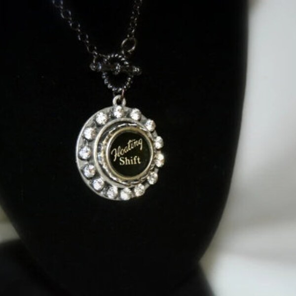 Typewriter Key Initial Pendant, Adorned with a Floating Shift Key - Vintage Style, Typography Jewelry.
