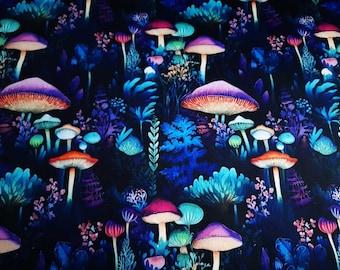 May include: A vibrant, repeating pattern featuring colorful mushrooms and foliage in shades of purple, orange, teal, and blue against a dark background. The design evokes a whimsical, fantasy forest theme.