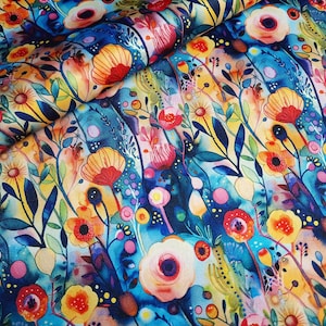 May include: A vibrant fabric featuring a watercolor floral design. The pattern showcases a variety of colorful flowers in shades of red, orange, yellow, and pink, set against a blue and teal background. The fabric has a soft, flowing appearance.