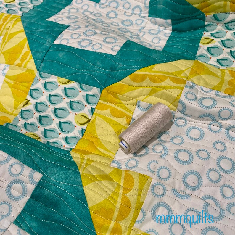 Baby quilt, play mat, handmade bedding, small quilt, modern, cotton, original design, unique, aqua, yellow, baby shower image 2