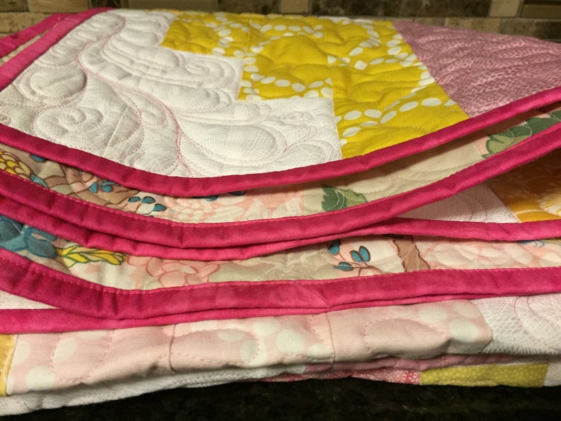 Baby Quilt, Pink Quilt, Pink and Yellow Quilt, Play Mat, Baby Girl
