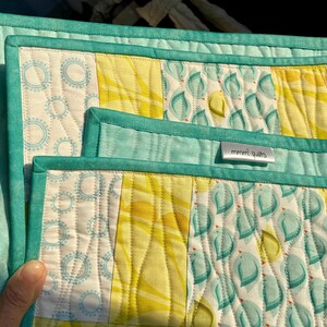 Baby quilt, play mat, handmade bedding, small quilt, modern, cotton, original design, unique, aqua, yellow, baby shower image 5