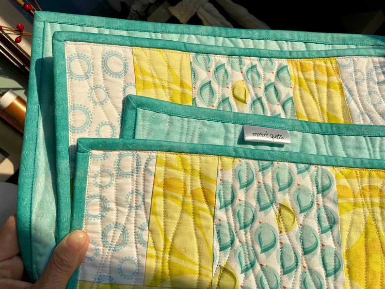 Baby quilt, play mat, handmade bedding, small quilt, modern, cotton, original design, unique, aqua, yellow, baby shower image 5