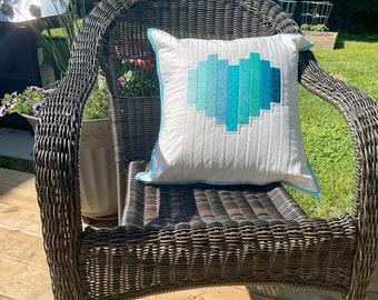 Quilted Heart Pillow, Cushion cover, handmade, turquoise, ombré, heart pillow, 18 x 18, white, Mother's Day gift, modern, Valentine's