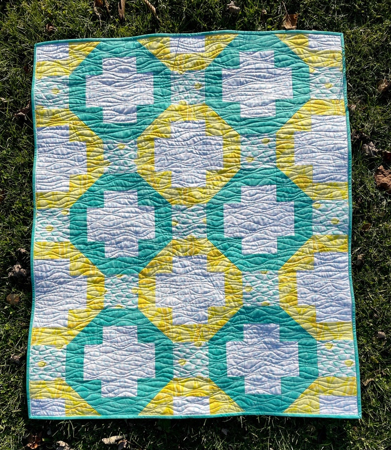 Baby quilt, play mat, handmade bedding, small quilt, modern, cotton, original design, unique, aqua, yellow, baby shower image 1