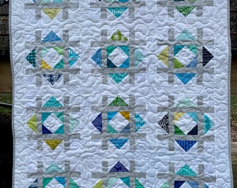 Baby quilt, play mat, handmade bedding, small quilt, modern, cotton, unique, aqua, grey, white, baby shower