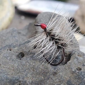 May include: A white and black fly fishing lure with a red head and a long, bushy tail.